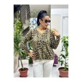 P24503 İtalyan Simli Leopar Bluz Vizon