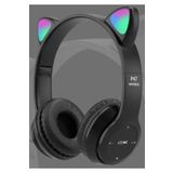 P47M Bluetooth Kedi Kulaklık Katlanabilir Sd Kart Girişli Mikrofonlu Kablosuz LED Işıklı Kulaklık - Siyah