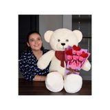 Pababo Sevgililer Günü Hediyesi 80 cm Papyonlu Peluş Ayıcık ve Kalpli Fuşya Ayıcık Buketi