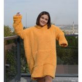 Pabtex Giyilebilir Battaniye – Kapüşonlu Oversize Peluş Rahatlık - Hardal - 95 x 73 cm