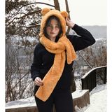 Pabtex Kapşonlu Welsoft Peluş Bere - Atkılı - Polar Boyunluk Şalı - Rüzgar Geçirmez Kulaklı Şapka - Kahverengi