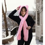Pabtex Kapşonlu Welsoft Peluş Bere - Atkılı - Polar Boyunluk Şalı - Rüzgar Geçirmez Kulaklı Şapka - Pembe