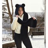 Pabtex Kapşonlu Welsoft Peluş Bere - Atkılı - Polar Boyunluk Şalı - Rüzgar Geçirmez Kulaklı Şapka - Siyah
