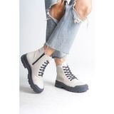 Pabucmarketi Krem (Gri Taban) Bağcıklı Fermuarlı Kadın Sneaker Bot