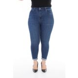 Paçaları Katlı ve Yüksek Belli Cepli Astarsız Dar Kalıp Kadın Kot Pantolon Koyu Mavi Denim Jean