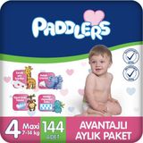 Paddlers Bebek Bezi 4 Numara Maxi (7-14 Kg) 144 Adet Süper Emici Bantlı Bez Aylık Paket
