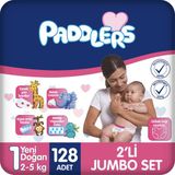 Paddlers Yenidoğan Bebek Bezi 1 Numara (2-5 Kg) 128 Adet – 2’li Jumbo Set - Hassas Ciltlere Uygun