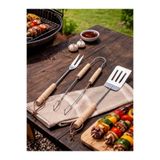 Padilon 3'lü Set Ahşap Saplı Mangal Aksesuar Seti Maşa Spatula Çatal Krom Kaplamalı 43cm