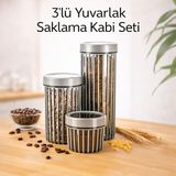 Padilon 3’lü Yuvarlak Saklama Kabı Seti 500 ml + 1,1 Lt + 1,7 Lt Cam Görünümlü Kırılmaz Plastik - Bej