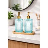 Padilon Ahşap Standlı 2’li Cam Sıvı Sabunluk 500 ml Modern Banyo ve Mutfak İçin Dekoratif Cam Sabunluk Seti