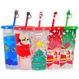 PAIKIUU 5 Adet Kapaklı ve Payetli Noel Plastik Bardaklar, 24 oz Noel Boyama Bardağı Dökülmeye Dayanıklı Hasır, Su için Yeniden Kullanılabilir Noel Bardakları Buzlu Kahve veya Noel Süslemeleri Partisi için Çay