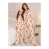 Pajama Shop Anne-Kız Çocuk Pamuklu Süet Çilek Ayıcık Desenli Kışlık Gömlek Yaka Düğmeli Uyku Bantlı Pijama Takımı Bej Renk