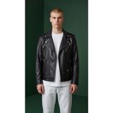 PAK Erkek Hakiki Deri Motosiklet Ceketi - Siyah Biker Model, Asimetrik Fermuarlı - 2XL