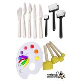 Palet Rulo Firca Ponpon Firca Ve Plastik Spatula 4'Lu Set 1 Paket Resim Hobi Sanat Etkinlik Resim Paleti