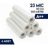Palet Streç Film 23MIC 50CM x 300 mt (Şeffaf) Ultra Güçlü Sarım 6 Adet