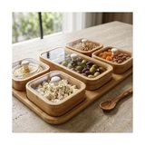 Palmira Demir 6 Parça Bambu Kahvaltılık Seti - Şeffaf Akrilik Kapaklı Kırılmaz Çerezlik, Reçellik ve Kahvaltı Sunum Tabağı (32.5 x 22 x 4 Cm)