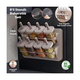 Palmira Demir 8'li Standlı Baharatlık Seti, Tezgah Üstü ve Duvara Monte, Kilitli Kapak, Şeffaf Kavanozlar, Bpa Içermez, Modern Minimalist, Bej/gri - 0,5 x 7 cm