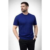 Palmira Demir Erkek Yazlık Triko Dokuma Tişört Kısa Kol Bisiklet Yaka Örgü Desenli T-Shirt - Lacivert - Lacivert / 2xl