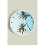 Palmiye Ağacı Modern Duvar Saati - 30cm - Önü Camlı Beyaz Kasa - Sessiz Mekanizma, JH0505S30BKP