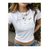 PALPİTO Kadın Beyaz 3 Kadeh Baskılı Bisiklet Yaka Dar Crop Tshirt