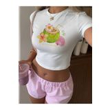 PALPİTO Kadın Beyaz Summer Coconat Baskılı Bisiklet Yaka Dar Crop Tshirt