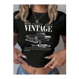 PALPİTO Kadın Siyah Vintage Baskılı Bisiklet Yaka Dar Crop Tshirt