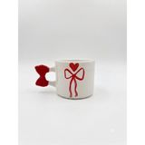 Palto Tasarım Kalpli Kırmızı Kurdele El Yapımı Krem Parlak Kurdele Kulp Kupa - El Işçiliği Hediyelik Kupa Bardak Mug - 1 Adet - 200 ml