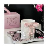 Palto Tasarım Kurdele Kupa (Pembe) - Hediye Seramik Kupa - Krem - 300 ml