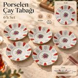 PALU GASTRO 6’lı Porselen Çay Tabağı Seti 12 cm Desenli Sunum Tabağı - Kırmızı - Beyaz - 6'lı Set