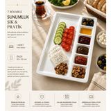 PALU GASTRO 7 Bölmeli Porselen Sunumluk ve Kahvaltılık 22X32 cm - Lüks Dikdörtgen Bölmeli Servis Tabağı, Sosluk, Çerezlik - 1 ADET Bölmeli Dikdörtgen Kahvaltı Tabağı - Beyaz