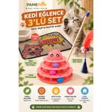 PAMEPAW 3’lü Set : Desenli Elekli Kedi Tuvalet Önü Paspası , 3 Katlı Kedi Oyuncağı , Zilli Tüylü Oyun Oltası