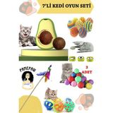 Pamepaw 7'li Set : Yapışkanlı Kedi Çimi Avokado Catnip , Sarma Top , Olta , 3'lü Mini Top , Çıngıraklı Top 1 Adet