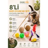 PAMEPAW 8'li Set : Çek Bırak Fare , Jüt İp Sarma Top , Olta , Renkli Top , 2 Adet Çıngıraklı Top , Tırmalama Çubuğu