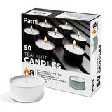 PAMI Premium Uzun Ömürlü 8 Saat Yanma Süresi Kokusuz Yuvarlak Tealight Mumlar [50'li Paket] - Güzel Alevli Parafin Tealights - Adak Mumlukları için Mükemmel