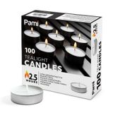 PAMI Premium Uzun Ömürlü Tealight Mumlar [100'lü Paket] - Kokusuz Çay Mumları 2,5 Saat Yanma Süresi - Güzel Alevli Parafin Tealights - Adak Mumlukları için Mükemmel Yuvarlak Mumlar