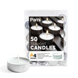 PAMI Premium Uzun Ömürlü Tealight Mumlar [50'li Paket] - 4 Saat Yanma Süresi ile Kokusuz Çay Mumları - Güzel Alevli Parafin Tealights - Adak Mumlukları için Mükemmel Yuvarlak Mumlar