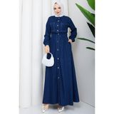 Pamuk Butik Kadın Beli Lastikli Cepli Kot Elbise -PMK553 - 46 - Koyu Mavi
