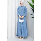Pamuk Butik Kadın Beli Lastikli Cepli Kot Elbise -PMK553 - 48 - Açık Mavi
