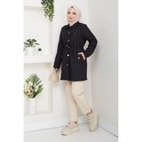 Pamuk Butik Kadın Beli Tünel Geçişli Büyük Beden Ceket Mont -PMK479 - Siyah - 46