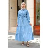 Pamuk Butik Kadın Cepli Büzgü Detaylı Kot Elbise - Açık Mavi - 44