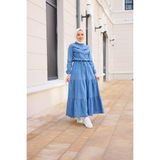 Pamuk Butik Kadın Fırfır Detaylı Kot Elbise - Açık Mavi - 46