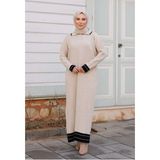 Pamuk Butik Kadın Fitilli Şeritli Triko Elbise -PMK409 - Taş Rengi - Standart