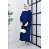 Pamuk Butik Kadın Gece Mavisi Tesettür Balon Kol Triko Elbise