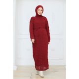 Pamuk Butik Kadın Ispanyol Kol Fitilli Fileli Içlikli Triko Elbise -PMK517 - Kırmızı - Standart