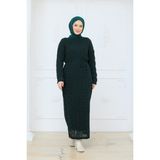 Pamuk Butik Kadın Ispanyol Kol Fitilli Fileli Içlikli Triko Elbise -PMK517 - Yeşil - Standart