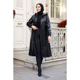 Pamuk Butik Kadın Kapüşonlu Cepli Deri Kap -PMK331 Trend Stil ile Şık ve Rahat Kullanım - Siyah - 40