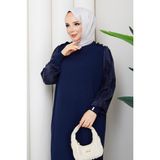 Pamuk Butik Kadın Kolu Ipek Kupra Merserize Triko Elbise -PMK529 - Lacivert - Standart