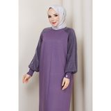 Pamuk Butik Kadın Kolu Ipek Kupra Yarım Balıkçı Yaka Merserize Triko Elbise -PMK497 - Mor - Standart