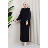Pamuk Butik Kadın Kolu Ipek Kupra Yarım Balıkçı Yaka Merserize Triko Elbise -PMK497 - Siyah - Standart