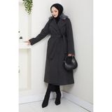 Pamuk Butik Kadın Kürk Detaylı Kruvaze Yaka Kuşaklı Kaşe Kaban -PMK492 - Koyu Gri - 46 - 48
